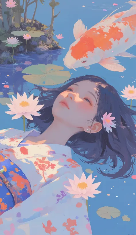 are bright koi and delicate water lilies, To囲まれた静かな池. 彼女teeth伝統的な日本の着物を着ている, 主To赤と青の色合いで優雅To泳いでいます, のオレンジと白の鱗teeth、A transparent floral pattern reflecting natural beauty.  dark, flowing hair, ピンクの桜の花teeth、enhance the soft reflection in the water. 大きな鯉が優雅To...