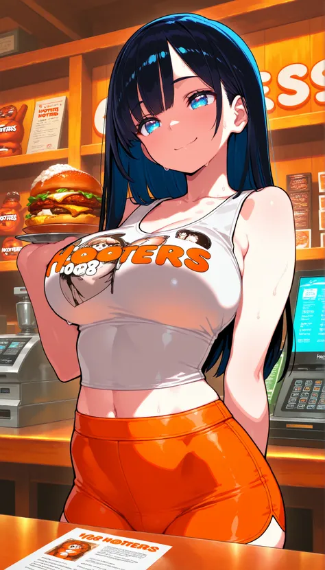 beautiful face, Good figure, Defined body, Super Detailed, high detail, High Quality, best quality, high resolution, 1080P, high resolution, 4K, 8k, masterpiece, correct, volumetric lighting, detailed eyes, 1girl,  Hooters,smile, tight uniform, Hooters uni...