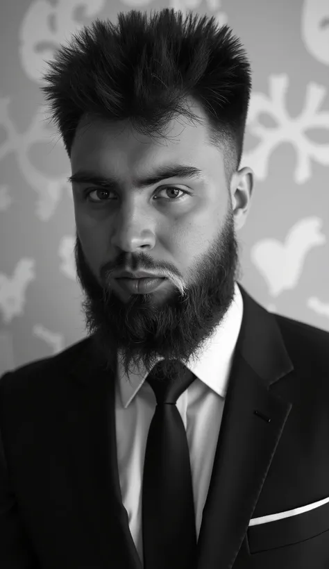 Create a high-end, black and white portrait using the selfie of pavel89ru, keeping the face exactly as in the original selfie without any edits, retouching, or smoothing. The subject should be wearing a business suit, with all facial details and textures p...