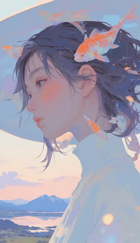 There is a woman wearing a hat and a fish in her hair, Beautiful Digital Artwork, beautiful artistic illustration, exquisite digital illustration, beautiful digital illustration, beautiful digital illustration, Jan J, amazing digital art, Inspired by the Z...