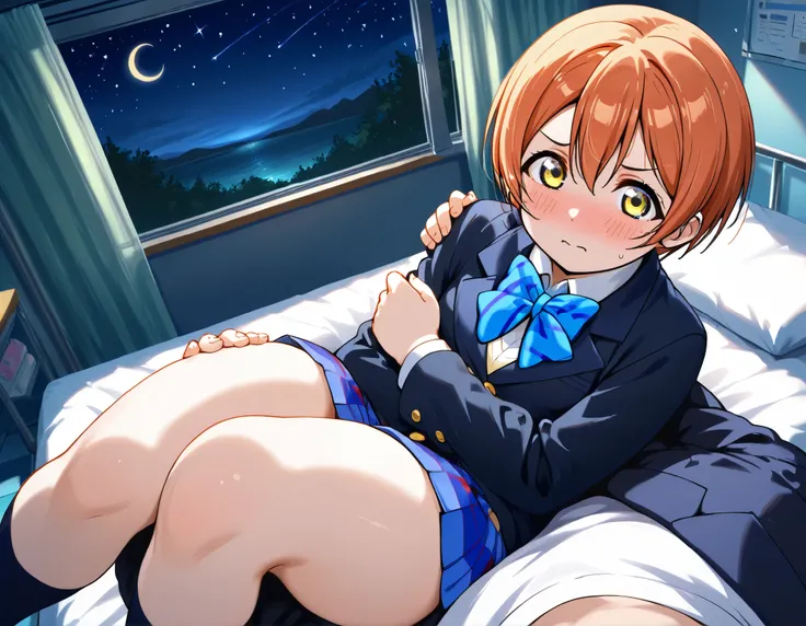 1girl, hoshizora rin, striped, short hair, blush, otonokizaka school uniform, lovelive_rin black blazer, blue plaid skirt, blue stripe bowtie, orange hair, very short hair, hair between eyes, yellow green eyes,thick thighs,knee up,crescent moon, stars (sky...
