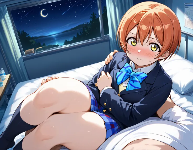 1girl, hoshizora rin, striped, short hair, blush, otonokizaka school uniform, lovelive_rin black blazer, blue plaid skirt, blue stripe bowtie, orange hair, very short hair, hair between eyes, yellow green eyes,thick thighs,knee up,crescent moon, stars (sky...