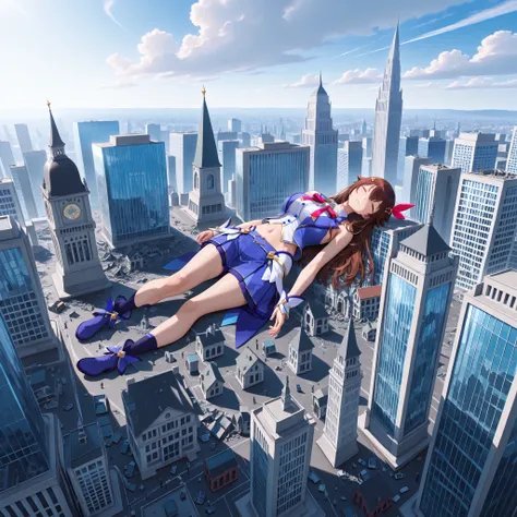 masterpiece, best quality, great quality, very fine,"Tokino Sora" are sleeping in each other's arms, The gigantic "Tokino Sora"  towering higher than any building, Miniature cities, ruined miniature cities