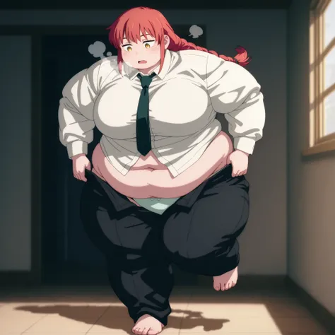 one woman, solo, expressionless,red hair,ginger hair, long hair, braided ponytail, bungs, side lock, puffy eyes, Yellow Ime,white shirt,tie,black pants,changing clothes,I'm taking off my pants,panties are visible,I haven't noticed this fat, chubby, obese, ...