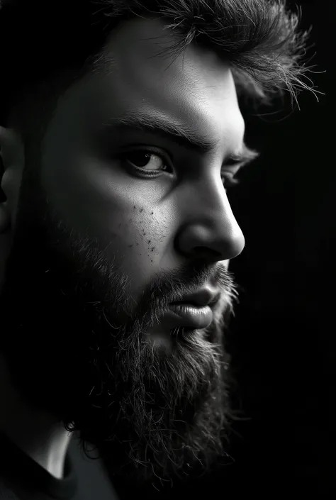 Create a high-quality black-and-white close-up portrait of a man resembling the avatar of pavel89ru. The man should have a rugged, intense expression, with noticeable facial hair and a strong jawline. Only the right half of his face should be shown, illumi...
