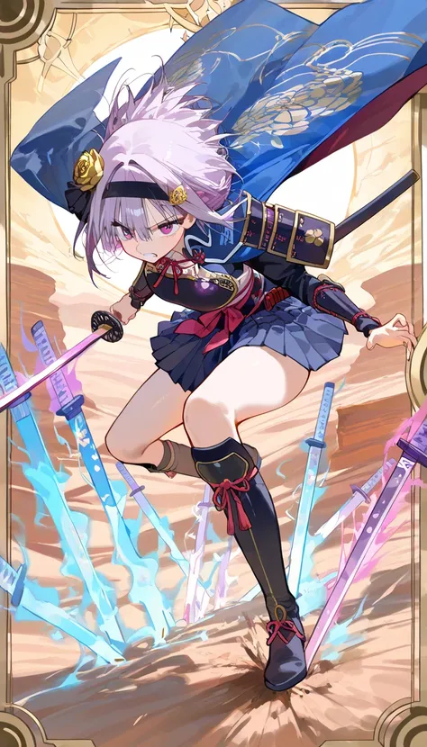 (beautiful girl : 1.3),1 girl,(Blue Japanese Style Armor,Blue Cloak with Pink Embroidered,headband,Gold Rose Hair Ornament,thigh,boots),light purple hair, side buzz cut,anger,Abusive ,holding a Japanese sword,sword brilliance, two sword style,Run, desert,Many swords stuck in the ground,An aura of purple and color from Japanese swords,masterpiece,top quality,Rich Contrasts,High Definition,8k,High Definition CG Unit Wallpaper,Textures,incredibly absurd,RAW pictures,Deep Border 1 .2,very detailed