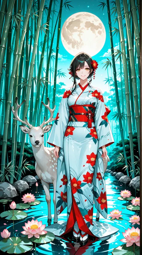 beautiful woman in kimono , Smile, Water Lily, full moon, bamboo forest, White Deer,
