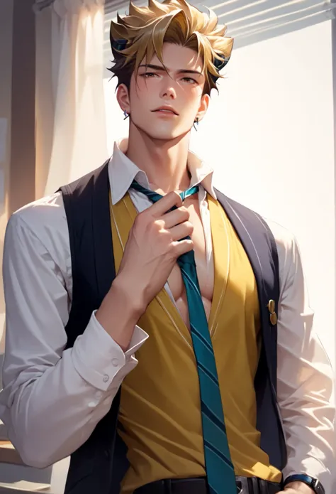 score_9, score_8, score_7, 1boy, solo, male focus, toned male, Pale skin, rating_explicit, source_anime, game_cg, male focus, uncensored, standing, vest, necktie, hands on necktie, fixing necktie, sfw