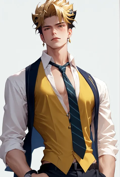 score_9, score_8, score_7, 1boy, solo, male focus, toned male, Pale skin, rating_explicit, source_anime, game_cg, male focus, uncensored, standing, vest, necktie, hands on necktie, fixing necktie, sfw