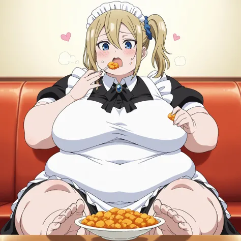 masterpiece, best quality, amazing quality,, 1 girl, solo, Hayasaka Ai, blond hair, blue eyes, , mature female, breasts, anime screencap,, , blush, wearing  maid costume, looking down, cowboy shot, , ,fat, chubby, obese, gigantic arms and legs, large breas...