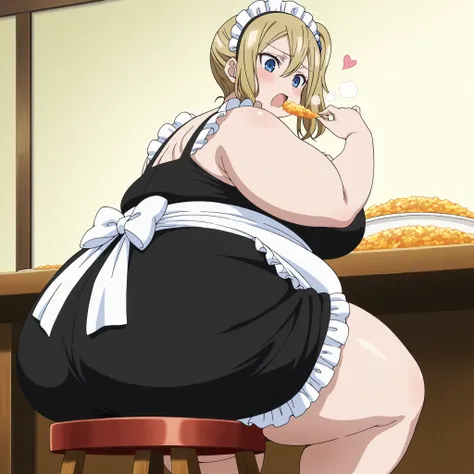 masterpiece, best quality, amazing quality,, 1 girl, solo, Hayasaka Ai, blond hair, blue eyes, , mature female, breasts, anime screencap,, , blush, wearing  maid costume, looking down, cowboy shot, , ,fat, chubby, obese, gigantic arms and legs, large breas...
