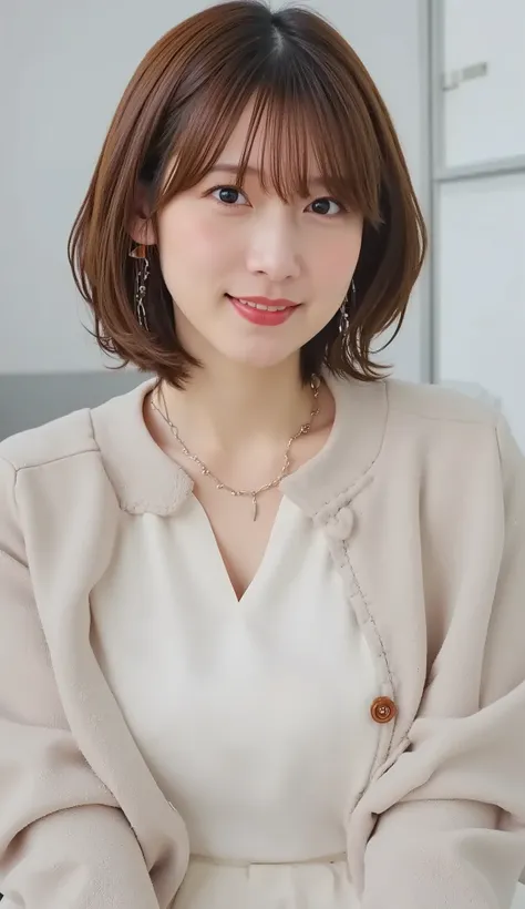 Neat Young Woman、and look at the camera、office lady suit、jacket、shirt、necklace、ear piercing、黒髪、、smile showing teeth、背景はオフィス
