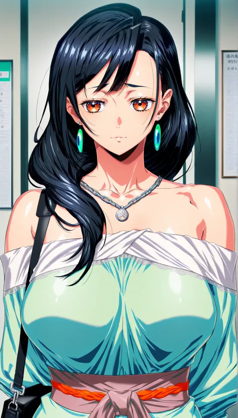 (Yokota Mamoru style),(portrait :1.4)、top quality、8k、( no makeup)、masterpiece、ultra-high precision、Mature Woman、black hair、long hair, Japanese Women, off-shoulder, shoulder bag, earrings, chain pendant, sash belt, Calm expression, An office district you ca...