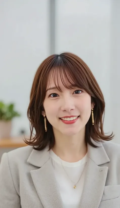 Neat Young Woman、and look at the camera、office lady suit、jacket、shirt、necklace、ear piercing、黒髪、、smile showing teeth、背景はオフィス