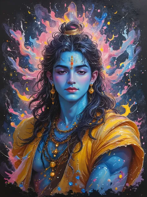 3/4th front facing, head up, closed eyes, portrait of very handsome and cute Lord Shiva in neo-expressionist oil painting style ((he has black matted long hair flowing straight down, wearing yellow robes, holding a trident/trishul, blue skin tone)), ((a sn...