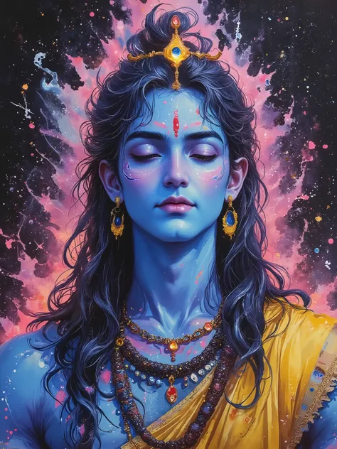 3/4th front facing, head up, closed eyes, portrait of very handsome and cute Lord Shiva in neo-expressionist oil painting style ((he has black matted long hair flowing straight down, wearing yellow robes, holding a trident/trishul, blue skin tone)), ((a sn...