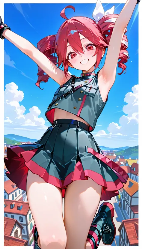(beautiful girl : 1.3),1 girl,(teto kasane),Smile Yan,Armpits,Town,Jumping,dynamic angles that are very close,masterpiece,top quality,Rich Contrasts,High Definition,8k,High Definition CG Unit Wallpaper,Textures,incredibly absurd,RAW pictures,Deep Border 1 .2,very detailed