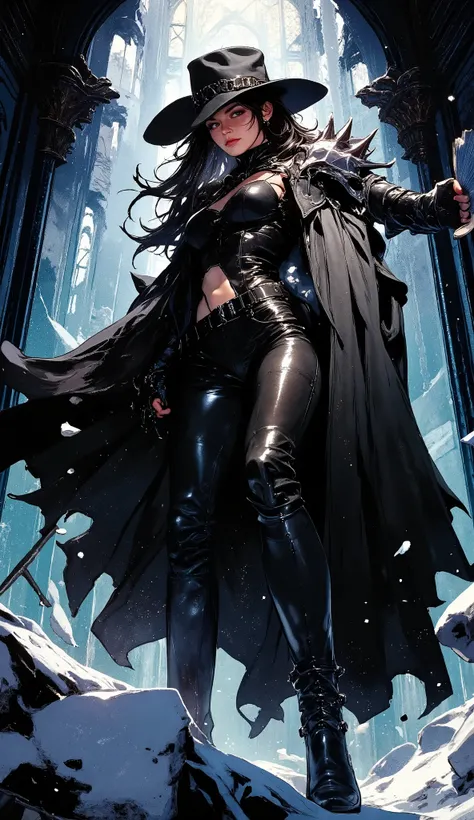 Dynamic cinematic shot in Gothic style: A female figure in a billowing long cape turns sharply, as if reacting to an invisible threat. Her pose expresses readiness for action — one hand is clenched into a fist in a leather glove with spikes, the other is p...