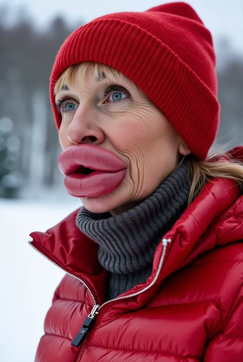 Side view of a 50 year old English posh woman with old skin on a ski piste, Wearing a red ribbed thick wool balaclava, Wearing a thick Moncler shiny red shiny puffer jacket with a ribbed wool slouchy grey turtleneck sweater underneath, botox face, face lif...