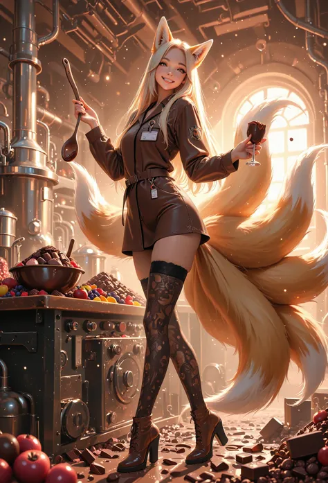  nine-tailed fox  ,chocolate art , The whole body is made of chocolate , Garnish with berries , instructor uniform, factory worker uniform ,pastry fashion uniform , knee-length berry stockings  , smile  , sexy pose , ( environmental occlusion:0.9 ) , maste...