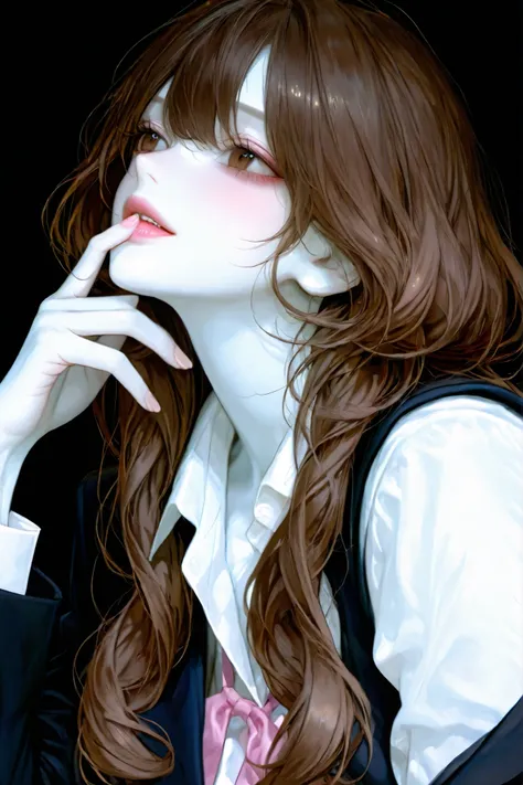 Girl, long wavy and falling brown hair, brown eyes, sharp features, white skin, light pink lips, beautiful, perfect, feminine, classy looking, wearing a formal school uniform, bright colors, high quality resolution.