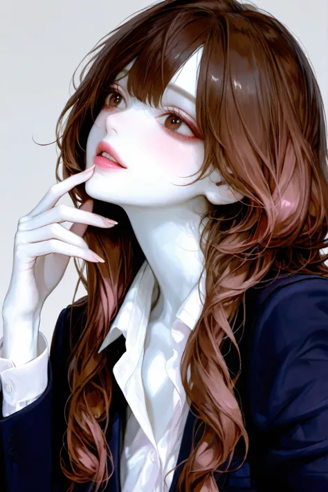Girl, long wavy and falling brown hair, brown eyes, sharp features, white skin, light pink lips, beautiful, perfect, feminine, classy looking, wearing a formal school uniform, bright colors, high quality resolution.