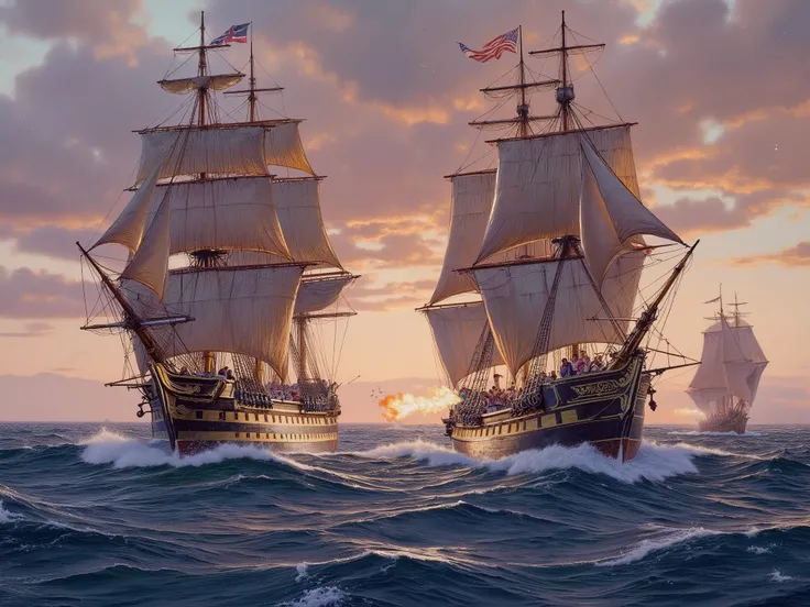(masterpiece) detailed English ships from the 18th century、naval battles between sailboats、shells with the sunset on their backs10hit more than one launch