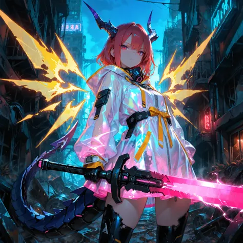 masterpiece, best quality, Extremely Aesthetic, very high resolution,1girl, neon lights, sheer holographic clothing, sheer hooded dress,  Dragon Horn, machine tail, Mecha Girl, Tsurime, holding a large sword,  Massive Weapons, Dragon Wings,energy wings, Po...