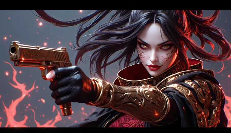 A stylish close-up (upper body) of a mysterious and elegant female warrior inspired by the game "Bayonetta." She has sharp eyes, confident expression, and flowing hair, exuding power and allure. Her outfit is intricate and fashionable with gothic and magic...