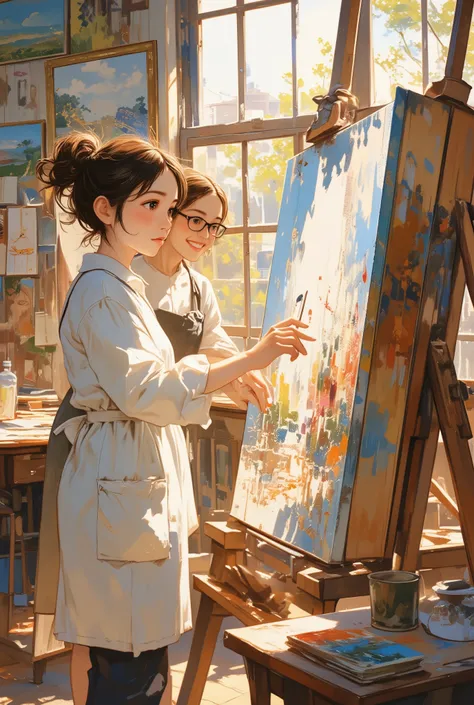 younger, with a serious expression, standing in front of an easel in a bright art class. she wears a simple white smock, Her hair is bundled into a ponytail、shakes every time she touches the big picture, an unfinished oil painting canvas. The canvas is a c...