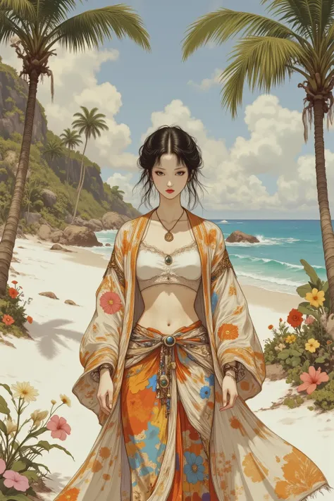 Woman standing on a white sandy beach in a tropical country、wearing a white floral crop top、wearing a coat with an orange and gold border、wrapping a bright cloth pareo around her waist。palm trees and colorful tropical flowers in the background々、choker and pendant necklace around the neck。shining on the ocean with golden light。Fantasy-flavored paradise、Realistic、