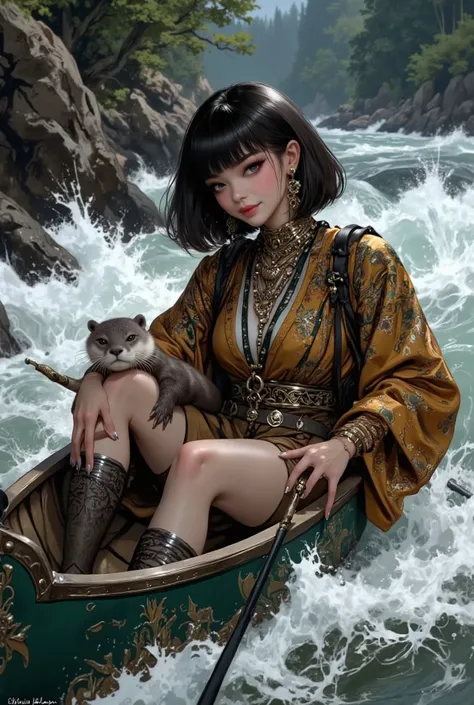 long nails、笑顔の前髪ぱっつん黒髪ベリーショートボブhairの夏ボヘミアンファッションを着たオリエンタル美女、コツメカワウソが一匹だけいる、詳細で最高ハイクオリティな手の描画、激流の川をカヌーに乗っている