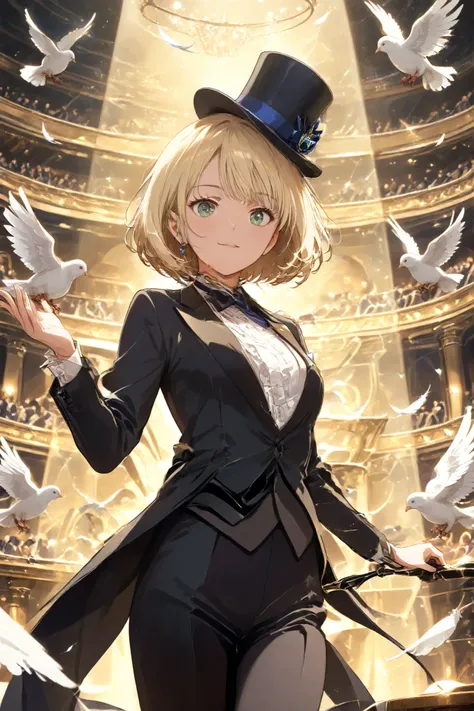 A glamorous female magician on stage, wearing a classic tuxedo and a silk top hat. She has medium-length blonde bob hair and is dramatically performing a magic trick under a spotlight. With her right hand, she is pulling a white dove out of the top hat in ...