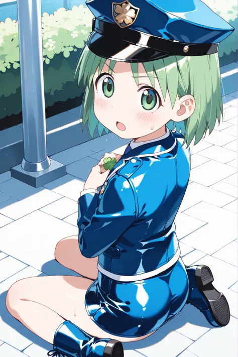 (((anime style))),score_9, score_8_up, score_7_up,masterpiece, best quality,ultra detail,1girl,((solo)),koiwai yotsuba,hair down , short hair , green hair,(green eyes),((back shot)),park,((blue Police Uniform)),(police hat),(((blue leather blazer))),(long ...