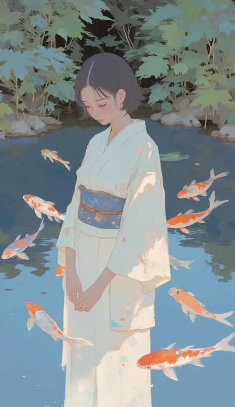 woman in a kimono dress floats in a pond with koi, artwork in the style of Blurred image of Taiwanese Gwyds, Blurred image of Taiwanese Gwyds, tattooed Taiwanese Gwyz masterpiece, inspired Yangjun Chen, Yangjun Chen,  woman sitting on a chair Ross Tran , J...