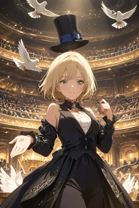 A glamorous female magician on stage, wearing a classic tuxedo and a silk top hat. She has medium-length blonde bob hair and is dramatically performing a magic trick under a spotlight. With her right hand, she is pulling a white dove out of the top hat in ...