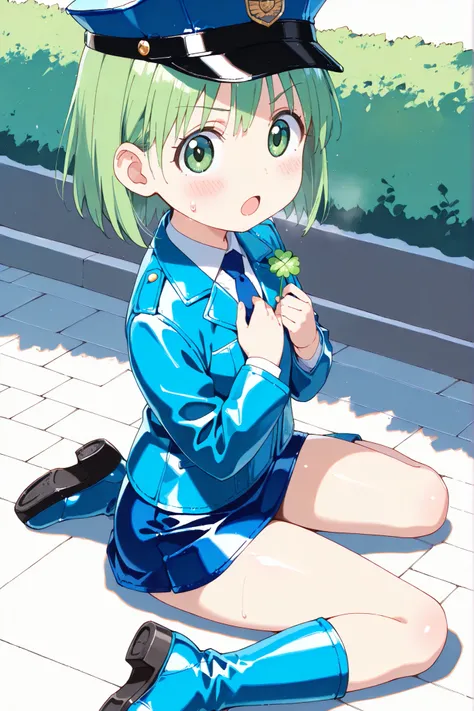 (((anime style))),score_9, score_8_up, score_7_up,masterpiece, best quality,ultra detail,1girl,((solo)),koiwai yotsuba,hair down , short hair , green hair,(green eyes),(round eyes),((back shot)),((park lawn)),((blue Police Uniform)),(police hat),(((blue le...