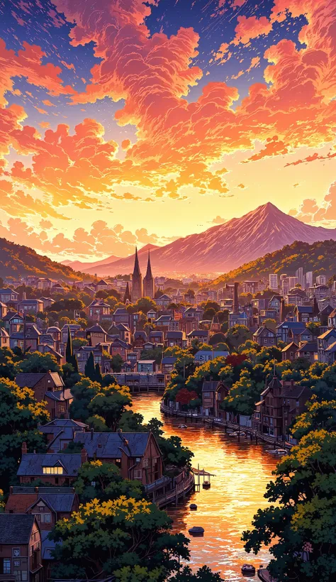 Cityscapes, serene, sundown, city lights, river, mountain far-away, evening, sunset, cars, people, trees