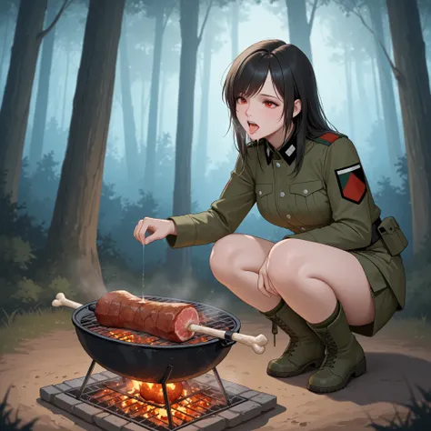ung woman、Beautiful woman、soldier、黒い髪、Red Eyes、strict、full body dirt、Green military uniform、Camping、forest、Grilling meat、Whole roast、Hunger、Saliva、masterpiece、top quality:1.5、