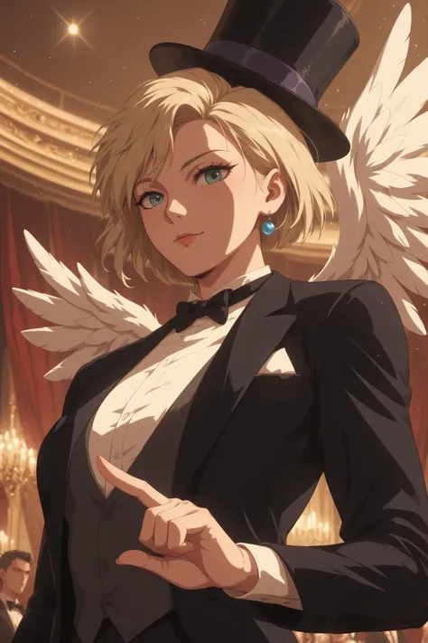 A glamorous female magician on stage, wearing a classic tuxedo and a silk top hat. She has medium-length blonde bob hair and is dramatically performing a magic trick under a spotlight. With her right hand, she is pulling a white dove out of the top hat in ...
