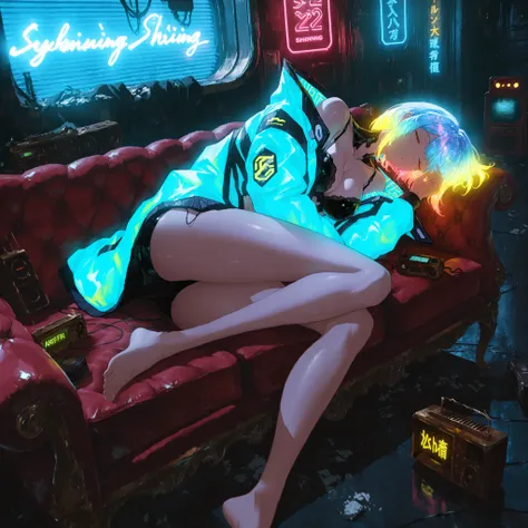multicolored eyes, colourful glowing hair, wearing sci-fi jacket, anime style, high detail, Futurism, glowing light, UHD, retina, masterpiece, ccurate, anatomically correct, harfway undressed textured jacket, super detail, high details, high quality, award...