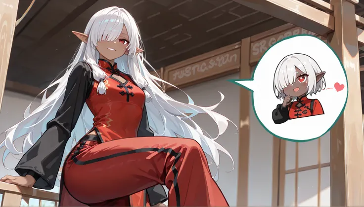 ( masterpiece , best quality , high quality ,8k,) girl elf (dark-skin:1.4) Instructor. flat-chests. silverr-short-bob-bun-hair. (red Kung fu clothing :1.4) (pants:1.4) (long-sleeves:1.4) apron. tights (hair over one eye, bangs, long bangs, :1.4) red-eyes s...