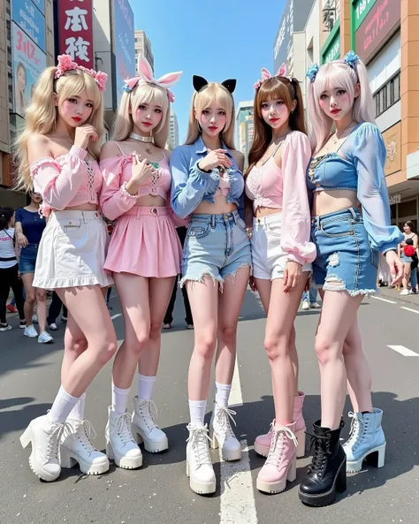 Five energetic "ganguro gyaru" girls standing together in the heart of Shibuya, Japan, with vibrant street life in the background. They have deeply tanned skin, white "panda" eye makeup, colorful eyeshadows, and glossy lips. Their outfits include loose soc...