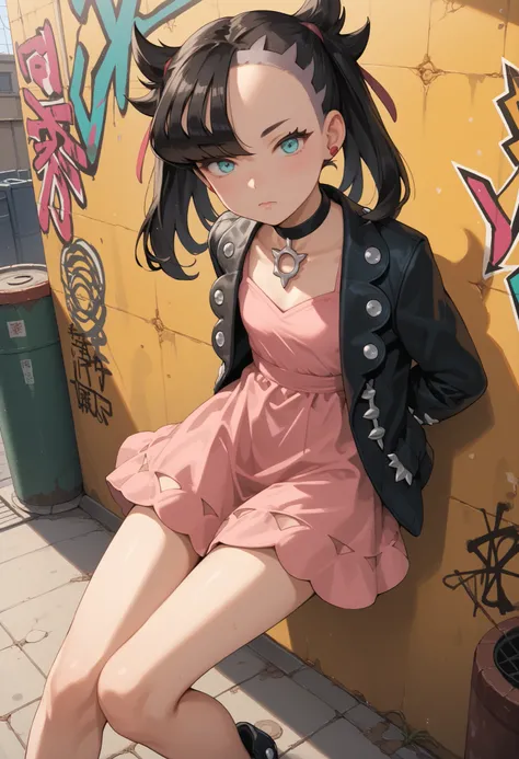 Score_9, score_8_up, score_7_up, score_6_up, source_anime, rating:general, 1girl, Marnie, black hair, twintails, perfect eyes,  aqua eyes, perfect face, pale white skin, flat chest, black jacket, short pink dress , slender build, slender legs, dirty alleyw...