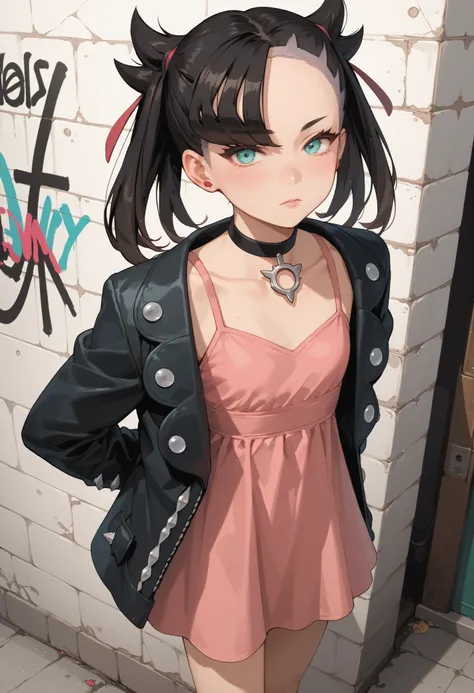Score_9, score_8_up, score_7_up, score_6_up, source_anime, rating:general, 1girl, Marnie, black hair, twintails, perfect eyes,  aqua eyes, perfect face, pale white skin, flat chest, black jacket, short pink dress , slender build, slender legs, dirty alleyw...