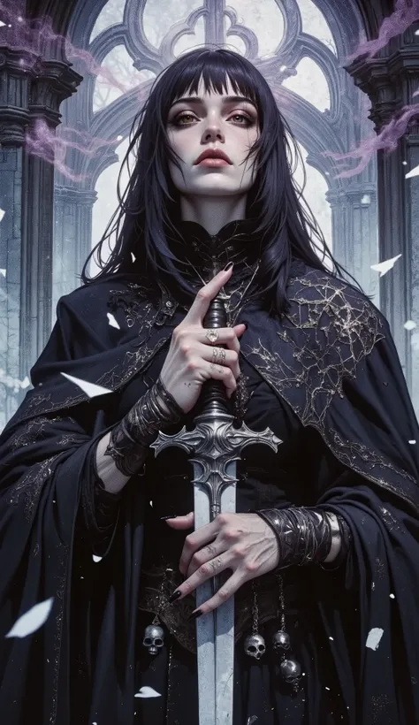 A Gothic beauty with long straight black hair froze at the moment of the magical ritual: her hands are raised up, fingers are gracefully curved, as if absorbing energy from the surrounding space. His left palm is open to the sky, and a smoky purple energy ...