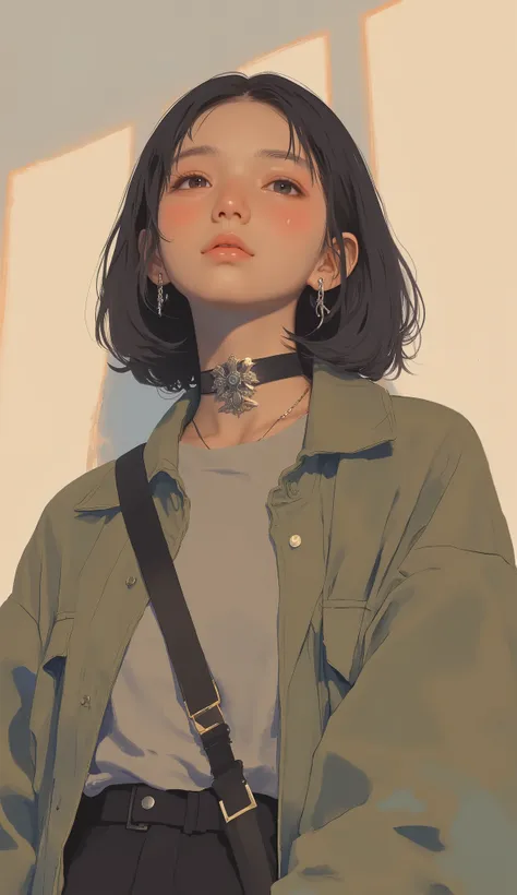 A person is wearing an olive green jacket with a subtle texture that appears soft yet structured. Around their neck is a distinctive black choker adorned with a metallic pendant resembling a four-bladed fan or cross motif, exuding a sense of edgy, modern f...