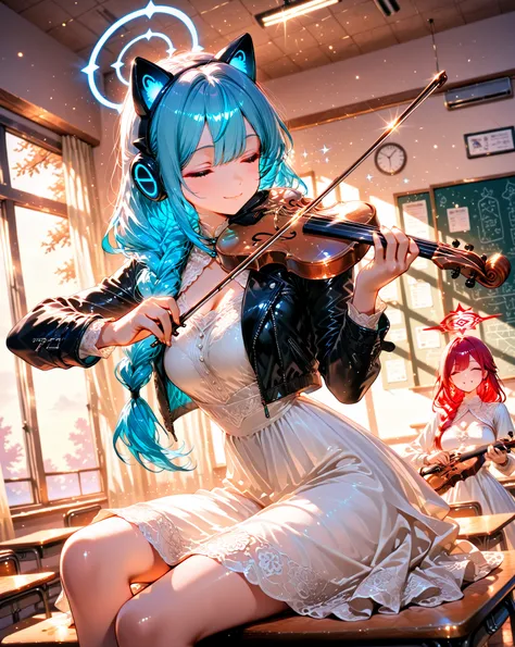 masterpiece, ultra detailed, 4k resolution, cinematic lighting, dynamic angle, perfect anatomy, a woman (beautiful curves) with long red hair with waves at the ends, wearing a cat ears headset, wearing a long white dress with lace, a leather jacket and bla...