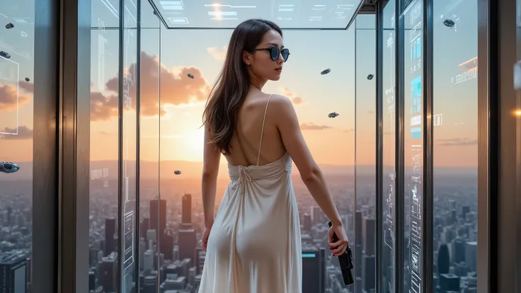 (low angle view). An all-black-glass transparent elevator in the foreground, glass bottom, strong overhead lighting. Flying vehicles, a surreal simple outlined retro metropolis with colorful sunset sky in the background. High-resolution OLED GUI interfaces...