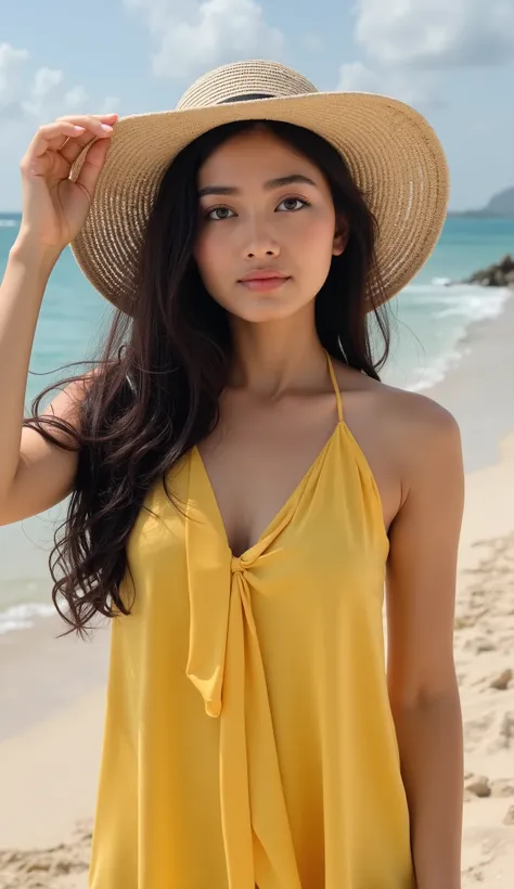 A beautiful Indian girl, 20 years old, fair skin, long black hair, big almond-shaped brown eyes, slim figure with medium-sized breasts, heart-shaped face, soft natural makeup, natural body proportions, ultra realistic, high detail, photorealistic, full bod...